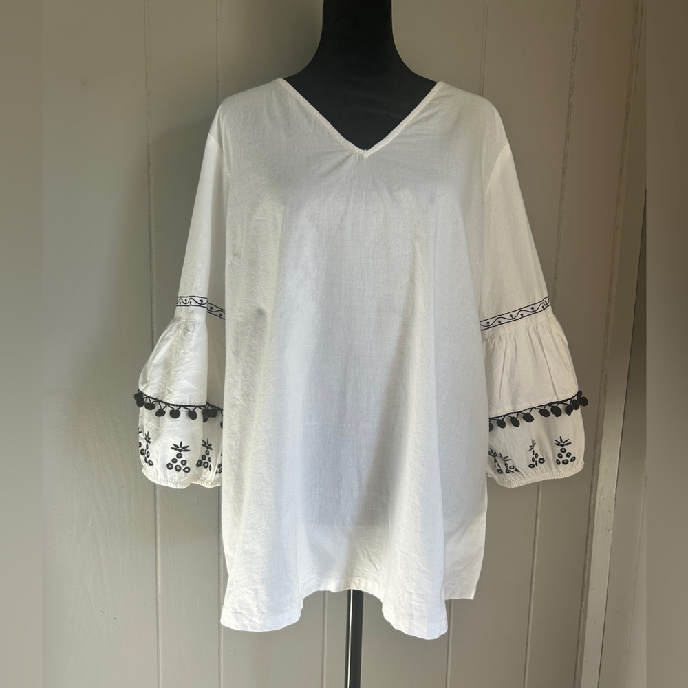 NY Collection White Boho Top with Embroidered Sleeves & Pom-Pom Trim, Size 1X